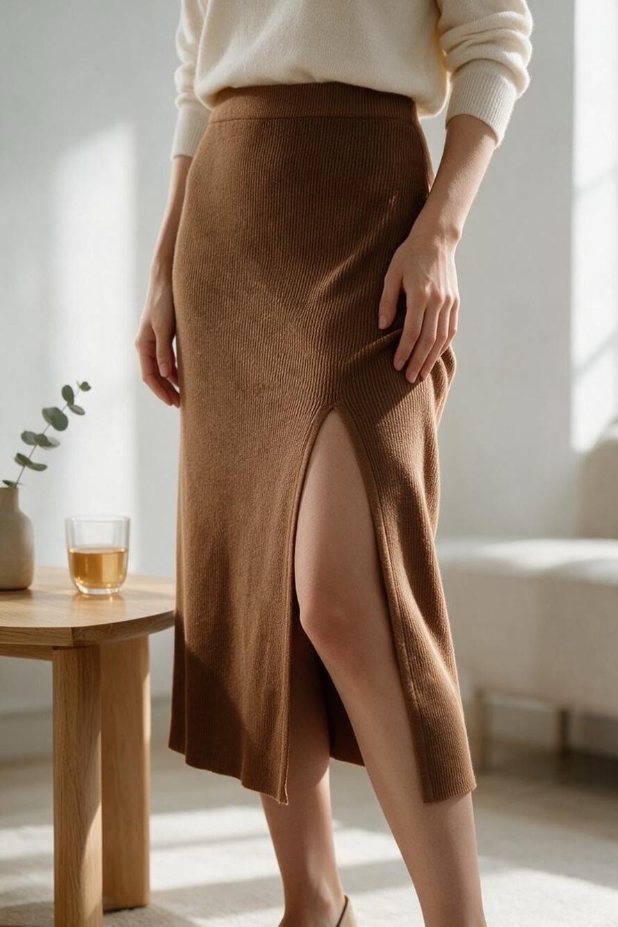 Pretty Lavish Brown Ribbed Knit Thigh Slit Midaxi Skirt XXL
